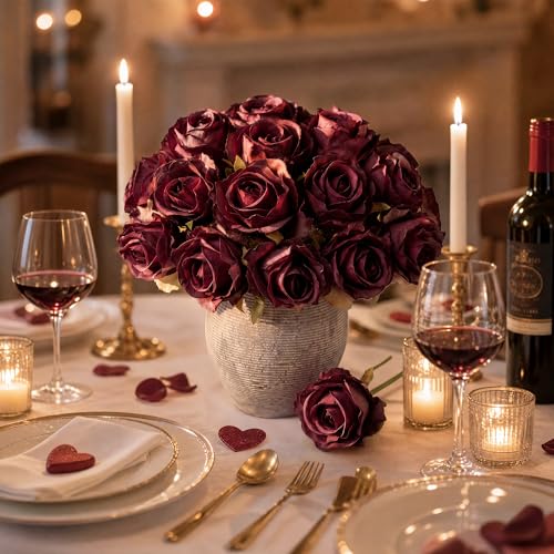 Ivydale 18pcs Burgundy Roses Artificial Flowers, Fake Roses Silk Flowers with Stems Realistic Bouquet for Mother's Day Wedding Party Home Decoration DIY Centerpiece Floral Romantic Gifts - color: Rose-burgundy