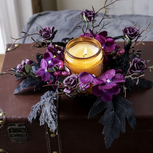 Halloween Candle Ring Artificial Flower Wreath Black Purple Floral Candle Holder 9.84” Tables Centerpieces Home Kitchen Farmhouse Decor - color: Halloween