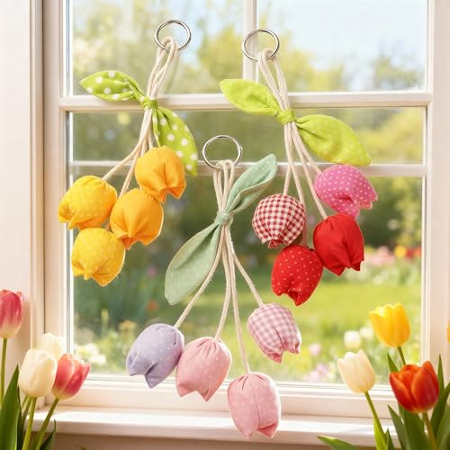 HunnmingRe 3 Pcs Spring Fabric Tulip Flowers Mother's Day Hanging Ornaments Handcrafted Artificial Tulip Pendant Flower Bouquet with Leaf Hanging Accessories for Women Mom Girl Keyring Bag Charm Gifts