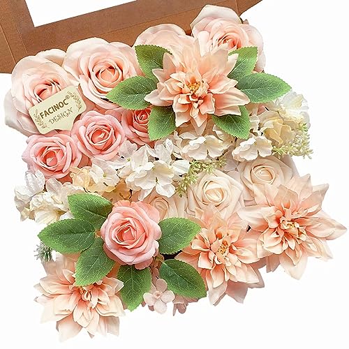 FACINOC Roses Artificial Flowers Peach Bouquet Box Set Fake Flower for DIY Bridal Wedding Shower Decorations Table Centerpieces Faux Silk Floral Arrangement for Party Home Decor Indoor Pink - color: P (Peach, Pink)