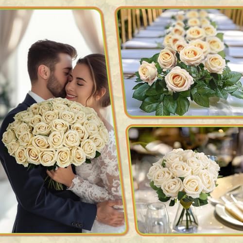 100 PCS Fake Champagne Roses, Artificial Champagne Flowers Bulk Realistic Silk Faux Rose with Stems for Wedding Decoration Anniversary Bridal Bouquet DIY Floral Arrangement Romantic Home Decor Gifts - color: Champagne, size: 100 Pcs