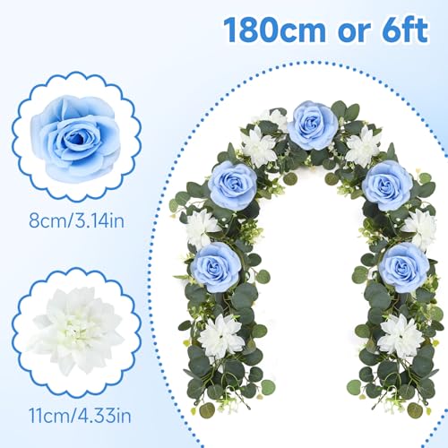 4 Pack Wedding Garland Set, Blue Rose & White Dahlia Hanging Flower Vines for Wedding Arch, Backdrop, Mantel, Home Decor (5.91ft) - color: Blue White