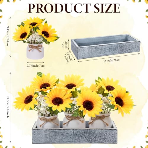 AceOrbit 3 Pcs Artificial Sunflower Potted Plants with Light Grey Wood Tray Farmhouse Faux Sunflowers for Kitchen Table Centerpieces Fake Yellow Flowers in Rustic Pots for Dining Home Bathroom Wedding - style: Weathered