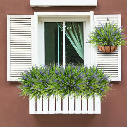 Sggvecsy 12 Bundles Artificial Plants Outdoor Faux Lavender Flowers Fake Monkey Grass UV Resistant Plastic Greenery Plants for Garden Home Porch Window Patio Hanging Planter Indoor Decor (Purple) - color: Purple, size: 12pcs
