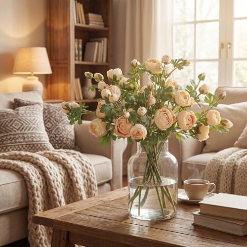 Giegxin 3 Stems Peonies Artificial Flowers Faux Silk Peony Flowers Bouquet 24.5'' Tall Champagne Peonies - Fake Ranunculus Flower for Vases DIY Centerpieces Bridal Shower Wedding Home Decoration