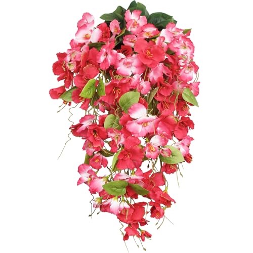 2 Pcs Fake Hibiscus Flowers Artificial Hanging Flowers Plants Outdoors Realistic UV Resistant Spring Summer Decor Red Pink Silk Faux Hibiscus Flower Trailing Vines for Front Door Porch Outside - color: Pink and Red