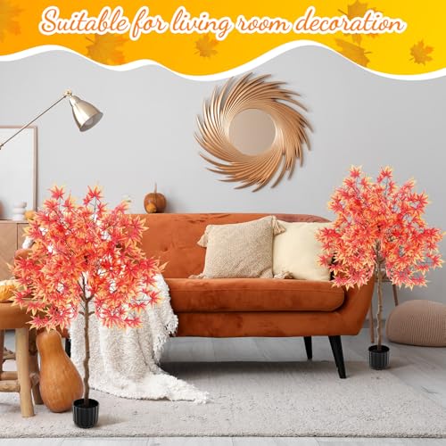 Giegxin 2 Pack 4ft Thanksgiving Day Artificial Maple Trees with Weaving Plant Baskets Faux Fall Tree Stem with Maple Leaves Thanksgiving Orange Potted Fake Plants Decor for Porch Front Home Office - color: Dark Orange, style: Maple Leaves
