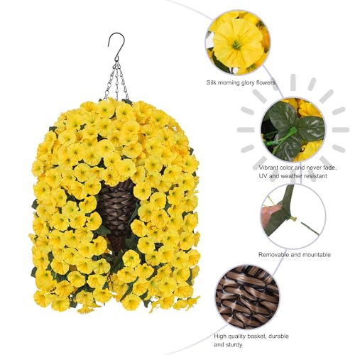 HyeFlora Artificial Fake Hanging Flowers Plants Baskets for Outdoor Outside, Faux Silk Yellow Morning Glory Flowers UV Resistant Look Real Hanging Planter for Home Porch Patio Balcony Yard Decor - color: Yellow Morning Glory