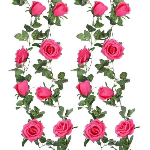 Felice Arts 2 Pack Hot Pink Artificial Floral Garland Each 6.5FT Fake Rose Vine Hanging Spring Garland for Wedding Party Background Table Arrangement Room Teepee Mirror Decor - color: Hot Pink