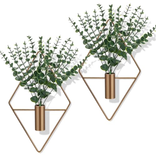 Canlierr 4 Pieces Bronze Wall Decor Hanging Planters with Artificial Plants Metal Hanging Vase Indoor Plants Holder Modern Boho Wall Art for Bathroom Bedroom Living Room Decor, Eucalyptus - color: Antique Bronze, size: Eucalyptus