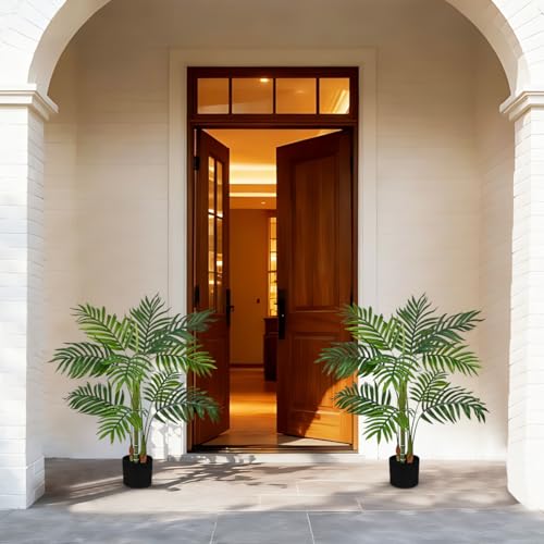 Hollyone Fake Palm Tree Decor 3FT with Planter Artificial Palm Tree Faux Tropical Areca Floor Plant in Pot with 3 Textured Trunks Silk Plant for Home Garden Outdoor Indoor Office Decor - color: 3ft