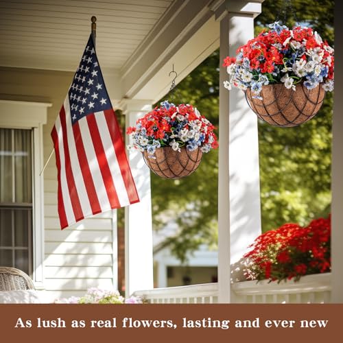 Beeveer 2 Pack Artificial Hanging Flower Basket for Outdoor Decoration Faux Orchid Hanging Plants with Coconut Lining Basket Fake Arrangement for Porch Courtyard Decor(White, Blue, 2 Pack) - color: White, Blue