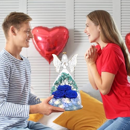 Mothers Day Rose Gifts for Women Preserved Real Flower in Glass Angel Figurines Roses for Delivery Prime Birthday Gifts for Mom Grandma Girlfriend Wife Her, Dark Blue - color: Dark Blue