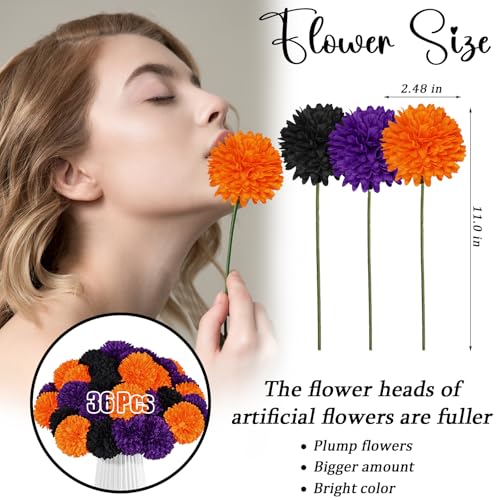 36 Pcs Halloween Artificial Flowers Halloween Chrysanthemums Ball Silk Flowers Black Orange Purple Fake Hydrangea for Halloween Party Home Table Centerpieces Vase Decor - color: Black, Orange, Purple