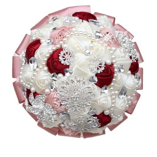 Brooch Wedding Bouquet with Bling Silver Rhinestone Pearl Satin Rose Quinceanera Flower Bouquet Ivory Blush Pink and Burgundy Bridal Bouquet Wedding for Bride Bridesmaid 7.1in - color: Burgundy, Blush & Ivory, size: Diameter: 7.1 inches