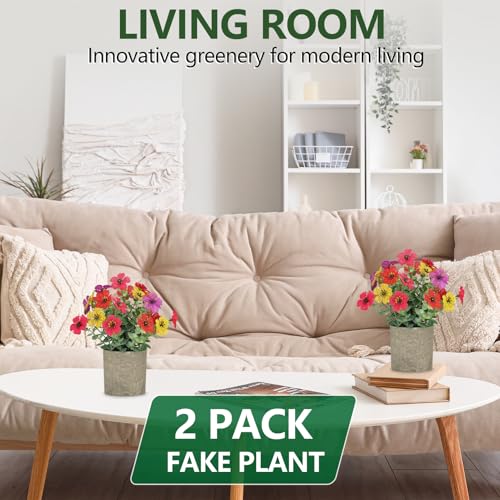 2 Pack Small Fake Plants Potted Artificial Plants Artificial Flowers Potted Faux Flower Daisy with Eucalyptus Leaves for Home Decor Office Room Farmhouse Indoor Table Bathroom Decor（Colorful） - color: Colorful