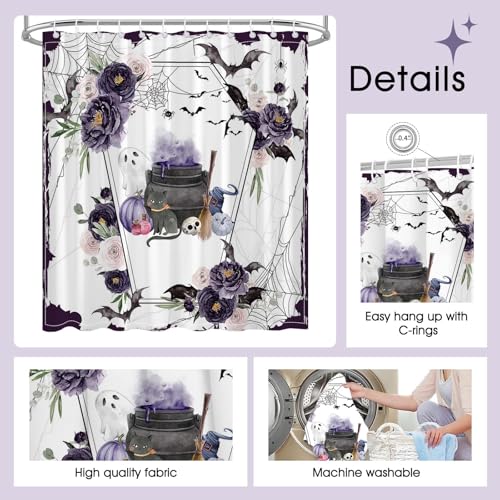 Mocsicka Halloween Shower Curtain Purple Flower Goth Shower Curtain Spooky Floral Halloween Bathroom Decor Retro Vintage Fabric Waterproof Bathroom Curtain Set with 12 Hooks (71x71 inch, Floral)