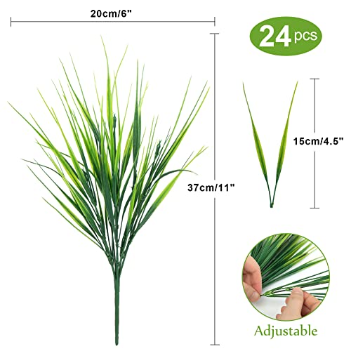 Ouddy Decor 24 Bundles Artificial Plants Outdoors Fake Wheat Grass Faux Greenery Stems Plastic Shrubs UV Resistant for Patio Garden Porch Window Box Spring Home Decor, Green - color: Green, size: 24 Bundles