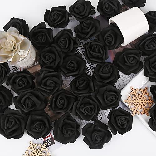 IPOPU Artificial Rose Flower Heads, 100 Pcs Real Looking Black Foam Fake Roses for DIY Wedding Baby Shower Centerpieces Arrangements Party Tables Home Decorations (Black, Stemless) - color: 100pcs Black