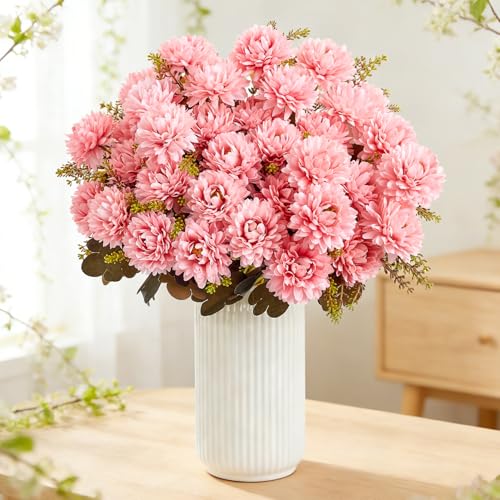 18 Heads Pink Artificial Chrysanthemum Flowers Fake Mums Pink Kiku Ball Flowers Bouquet Silk Chrysanthemums for Indoor Outdoor Table Centerpiece Vase Pots Wedding Decoration, 2 Pcs - color: Pink Chrysanthemum