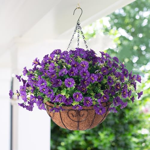 Artificial Fake Hanging Plants Flowers Basket for Outdoors Spring Summer Decoration, Silk Purple Morning Glory Eucalyptus UV Sun Resistant Realistic Faux Flowers for Outside Porch Patio Balcony Home - color: Purple