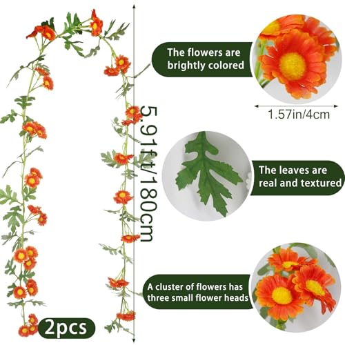 2 Pcs Wildflower Garland Spring Flowers Garland 12 FT Orange Artificial Daisy Flowers and Leaves Faux Floral Vine for Mantle Baby Shower Wedding Arch Porch Staircase Summer Decor - color: Orange