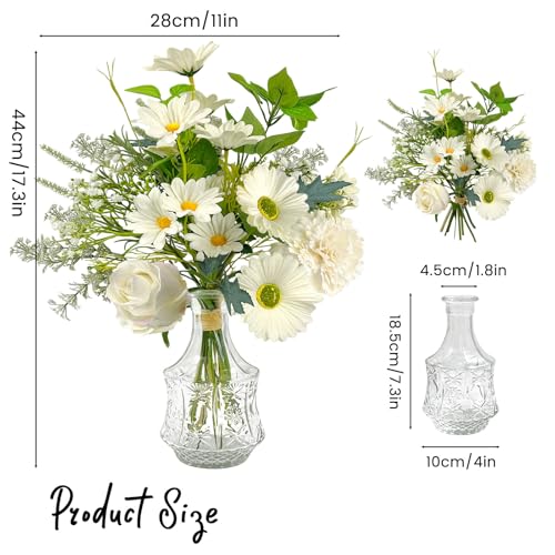 Daily Treasures Artificial Flowers with Vase, Large Mixed White Bouquet Realistic Fake Flowers, Glass Vase Included, Faux Floral Arrangement with Allium Rose Chrysanthemum Daisy for Home Decor