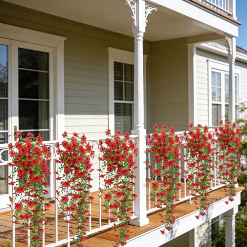 4 Pcs Artificial Hanging Flowers for Outdoor, Fake Silk Daisy Flowers Spring Summer Decoration UV Resistant Faux Plants for Planter Front Door Porch Patio Balcony Yard Decor, Red - color: Red