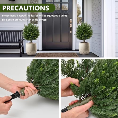 28" UV Resistant Artificial Shrubs for Outdoors - Real Looking Faux Bushes, Fake Cedar Trees, Outdoor Faux Ball Plants & Topiaries - Set of 2 Artificial Shrubs, Artificial Bushes for Garden Decor - color: Green Faux Bushes