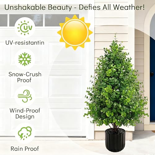 2PACK Boxwood Topiary Trees Artificial Oudoor Indoor, 2.3FT Artificial Potted Plants with Pot, UV Rated Centerpiece Faux Bushes Potted Eucalyptus Tree for 4th of July Outdoor Planters Front - color: Money Plant Green