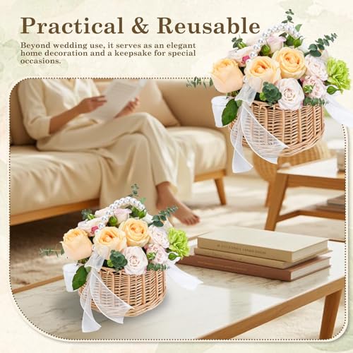 Flower Girl Basket, Wicker Rattan Wedding Flower Basket with Pearl Handle, Lace Bows and Lining, Handwoven Rustic Elegant Small Basket for Wedding Party Home Garden Decoration Outdoor Picnic