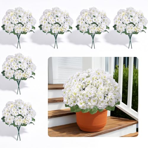 12Pcs Geraniums Artificial Flowers Realistic Outdoor 15" White Silk Geraniums for Outdoors UV Resistant Look Real Fake Flowers for Planters Garden Porch Patio Balcony Cemetery Table Decor - color: White-12pcs