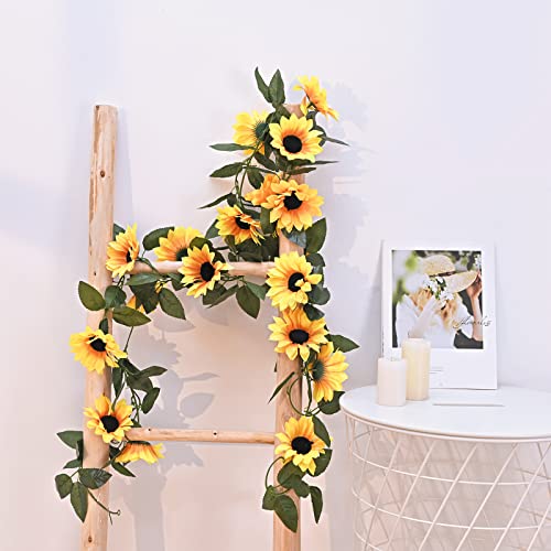 BLEUM CADE 2 Pack Artificial Sunflower Garland Decor, Sunflower Vines Hanging Flowers Garland with Green Leaves, Fake Yellow Floral Vines Room Wedding Party Decoration - color: Yellow, size: 2 Pc