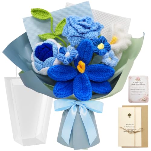 Crochet Flower Bouquet, Blue Handmade Knitted Flowers, Crochet Tulip Flowers with Card Gift for Lover Boyfriend Friends Valentines Day Anniversary Birthday Father's Day Graduation Wedding Home Decor - color: Blue Flowers