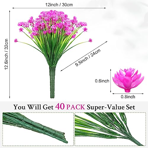 Hoteam 40 Bundles Outdoor Artificial Flowers Plants UV Resistant Outside Fake Flowers Plastic Plants Outdoor Spring Summer Seasons Decoration Shrubs Garden Porch (Purple Red) - color: Purple Red