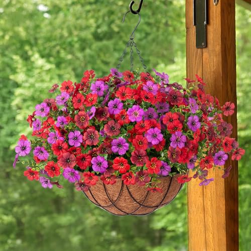 Artificial Silk Flowers Hanging Baskets Outdoors Indoors, Daisy with Eucalyptus Leaves Arrangement for Garden Yard Spring Summer Decor Faux Green Plant Metal Coconut Lining (Red Purple Red Brown) - color: Red Purple & Red Brown