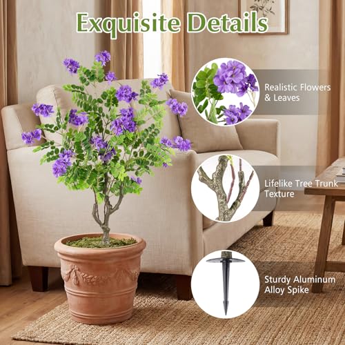 Goplus 2 Pack Artificial Locust Flower Trees, 39” Fake Evergreen Shrubs with Ground Spikes, Sophora Japonica Blossoms, Sun-Proof Indoor & Outdoor Faux Silk Plants for Home Garden Decoration - color: Purple Flowers