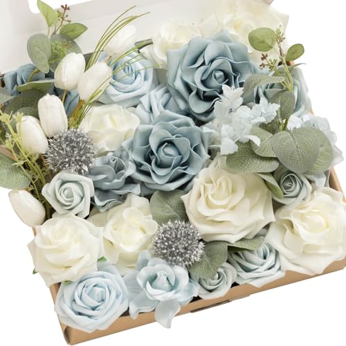Ling's moment Fake Flowers Box, Faux Artificial Greenery Stems Foam Roses Gardenia Silk Eucalyptus Fabic Flower for Centerpieces Bouquet Wedding Vase Decorations, Dusty Blue & White, Grand Combo - color: Blu-dusty Blue & White, size: Grand