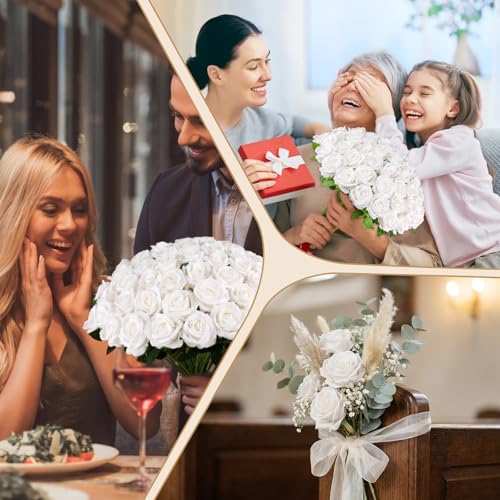 AmyHomie 48 PCS White Roses Velvet Realistic Artificial Flowers with Bendable Stems for Wedding Bouquets Baby Shower Party Home Decor Fake Flowers Gifts for Valentines, Mothers Day, Womens Day - color: White
