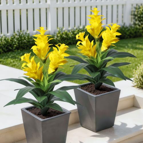 Ivydale Artificial Flowers for Outdoors, 2 Pcs 20.47" 3-Head Bromeliad Fake Plants UV Resistant Artificial Plants Outdoor Tropical Flowers for Planters Outside Porch Patio Yard Garden Indoor Decor - color: 3-head-yellow