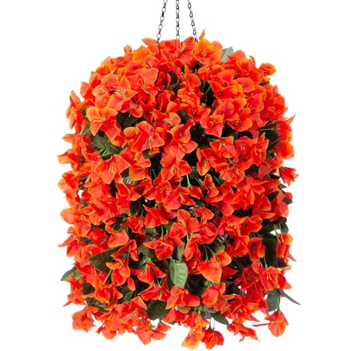 INSPRING Artificial Bougainvillea Faux Flowers Plants Baskets for Outdoor Outside Decoration, 3PCS Fake Silk Flowers Long Trailing Vines UV Resistant Realistic for Front Door Porch Patio (Orange) - color: Orange
