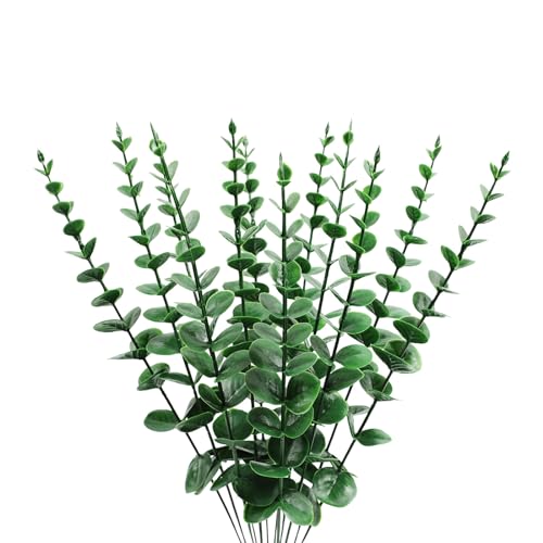 ABAJI Plastic Eucalyptus Deep Green Stems 12 Fake Faux Decorations Artificial Leaves Greenery Plant Leaf Home Office House Table Desk Decor Wedding Party Vase Forever Live - color: Deep Green