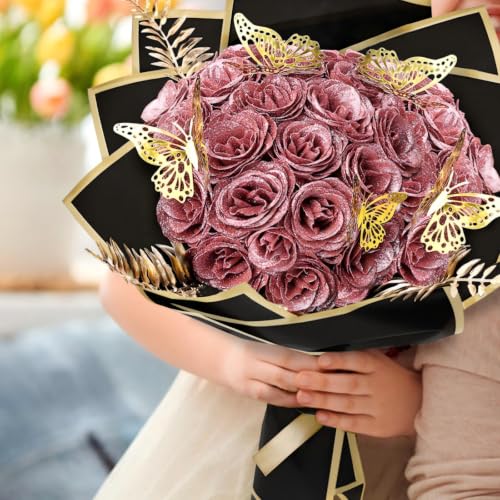 Glitter Roses - Fake Glitter Flowers Bouquet DIY Crafts Eternal Floral with Stems Butterfly Cards for Anniversary Birthday Valentines Engagement - 24 Pack, Dusty Pink - color: Dusty Pink