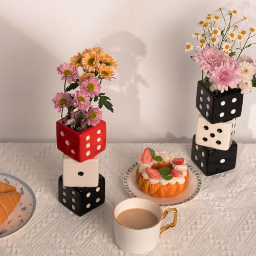 MOUGIGI Funky Dice Vase - Unique Ceramic Home Decor for Bars| Stylish Black, White & Red Geometric Design | Perfect for Fresh, Dried, or Artificial Flower Arrangements | Ideal Gift for Art Lovers - color: Red, White and Black Dice Vase