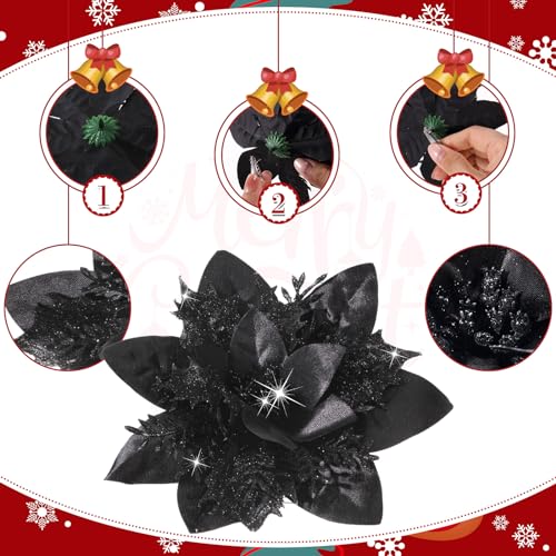 36 Pcs Christmas Glitter Artificial Poinsettia Flowers Xmas Poinsettia Artificial Wedding Flowers Decorations Xmas Tree Ornaments with Clips for Party, 6 Inch, 4 Inch, 3 Inch(Black) - color: Black