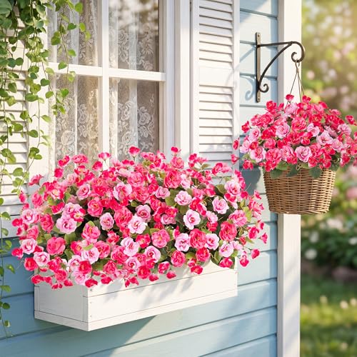 Artificial Flowers for Outdoors, 6 Bundles Silk Fake Hibiscus Flowers for Spring Summer Decoration, UV Resistant Fake Plants Plastic Bouquet for Home Planter Porch Patio Yard Decor（Double Pink) - color: Double Pink