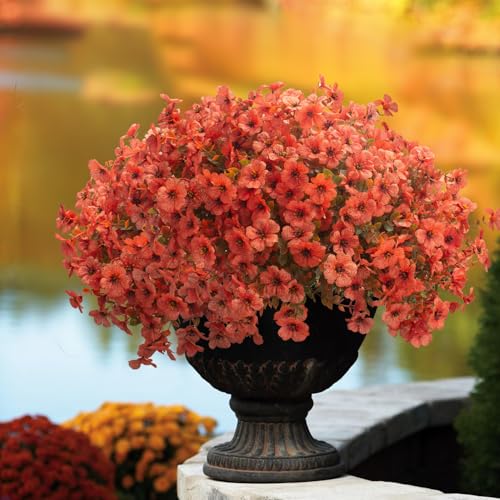 Grunyia Fall Outdoor Artificial Flowers 16 Bundles - UV Resistant Faux Daisy with Eucalyptus Leaves, Weatherproof Fake Plants for Porch, Patio, Garden Decor, Indoor Outdoor Decor (Fall Orange Red) - color: Fall Orange Red