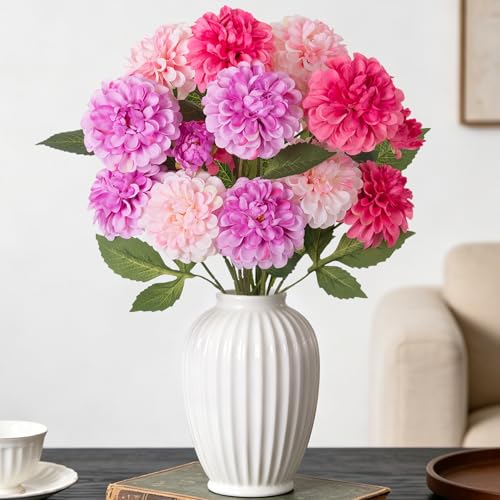INXUGAO Artificial Flowers for Vase,6 Bunches Fake 27.5“ Long Stems Silk Pompon Dahlia for Indoor Outdoors Home Decor, Front Door Porches Yard Patio Garden Planters - [2 Purple + 2 Rose Red + 2 Pink] - color: Purpleroseredpink