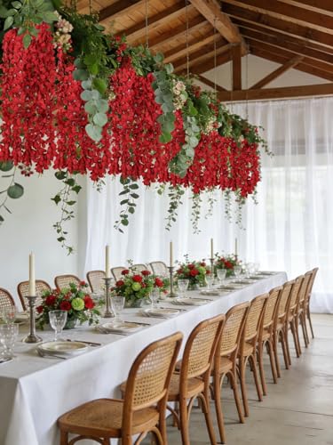 2PCS Red Wisteria Hanging Flowers, 2.95ft Wisteria Garland with 5 Branches Realistic Silk Dark Red Hanging Flowers for Decoration, Wedding Arch, Party Backdrop, and Home Wall Decor - color: Red