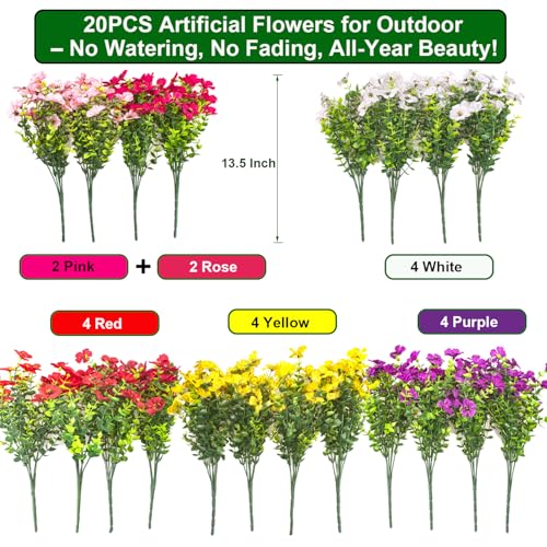 Grunyia 20 Bundles Artificial Flowers for Outdoors, UV Resistant Fake Plants Flowers Greenery Shrubs Plants for Decoration Outside Plants Hanging Planter Home Garden Decor (Mix（6 Color）) - color: Mix（6 Color）